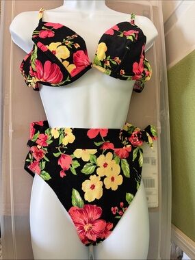 Vintage High-Waist Floral Bikini set - Black with Yellow & Pink Flowers
